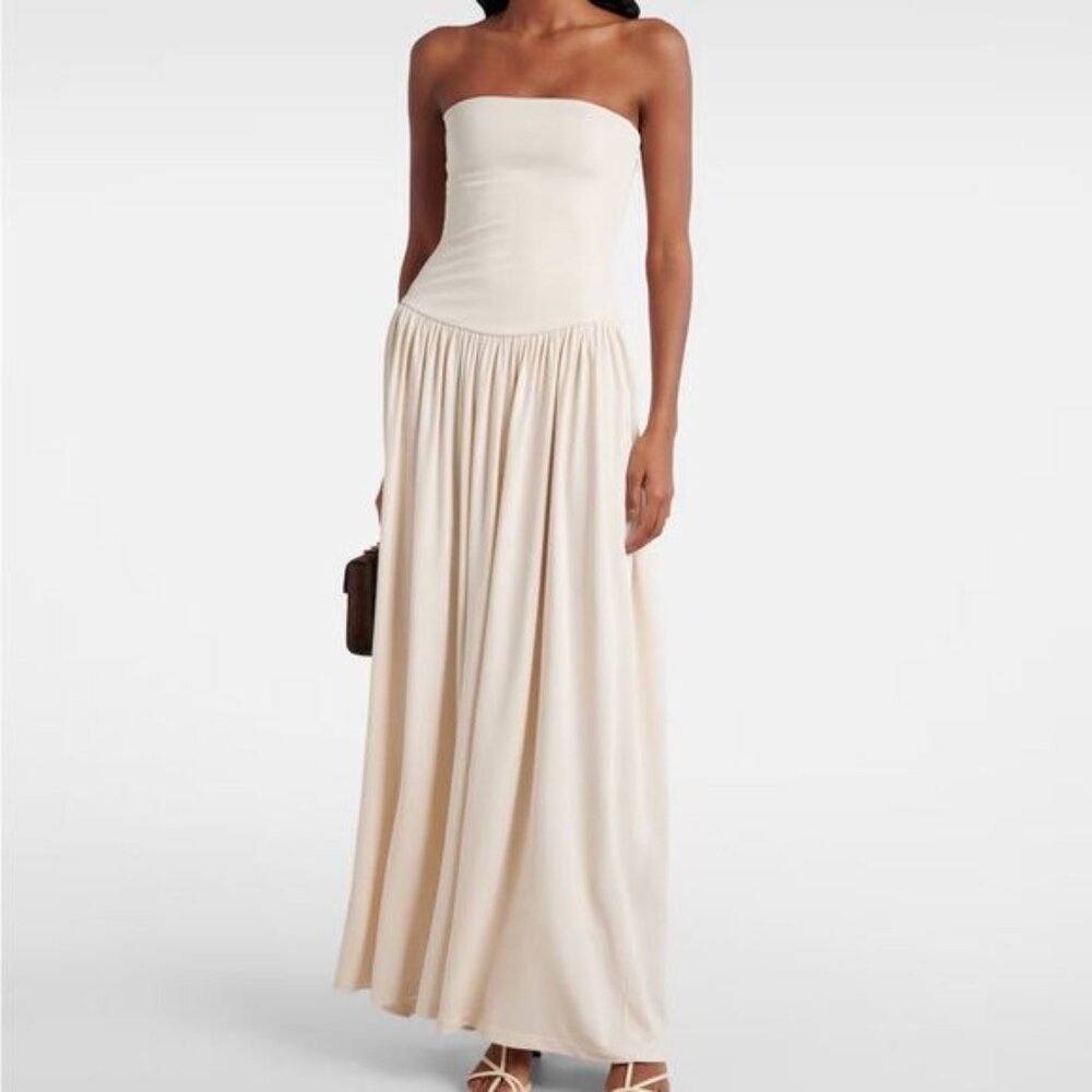 Aya Muse Dia Cream Off- White Strapless Gathered Maxi Dress Small NEW - $725